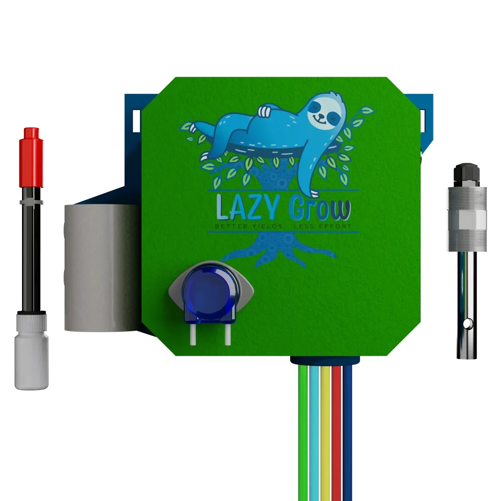 This is the LazyGrow logo picturing a blue sloth resting peacefully in a tree, enjoying free time. Below the sloth is the in large letters is the word "LAZY Grow" and in smaller letters is "Better Yields + Less Effort." The EC sensor is displayed on the right hand side and the pH sensor is displayed on the left hand side.