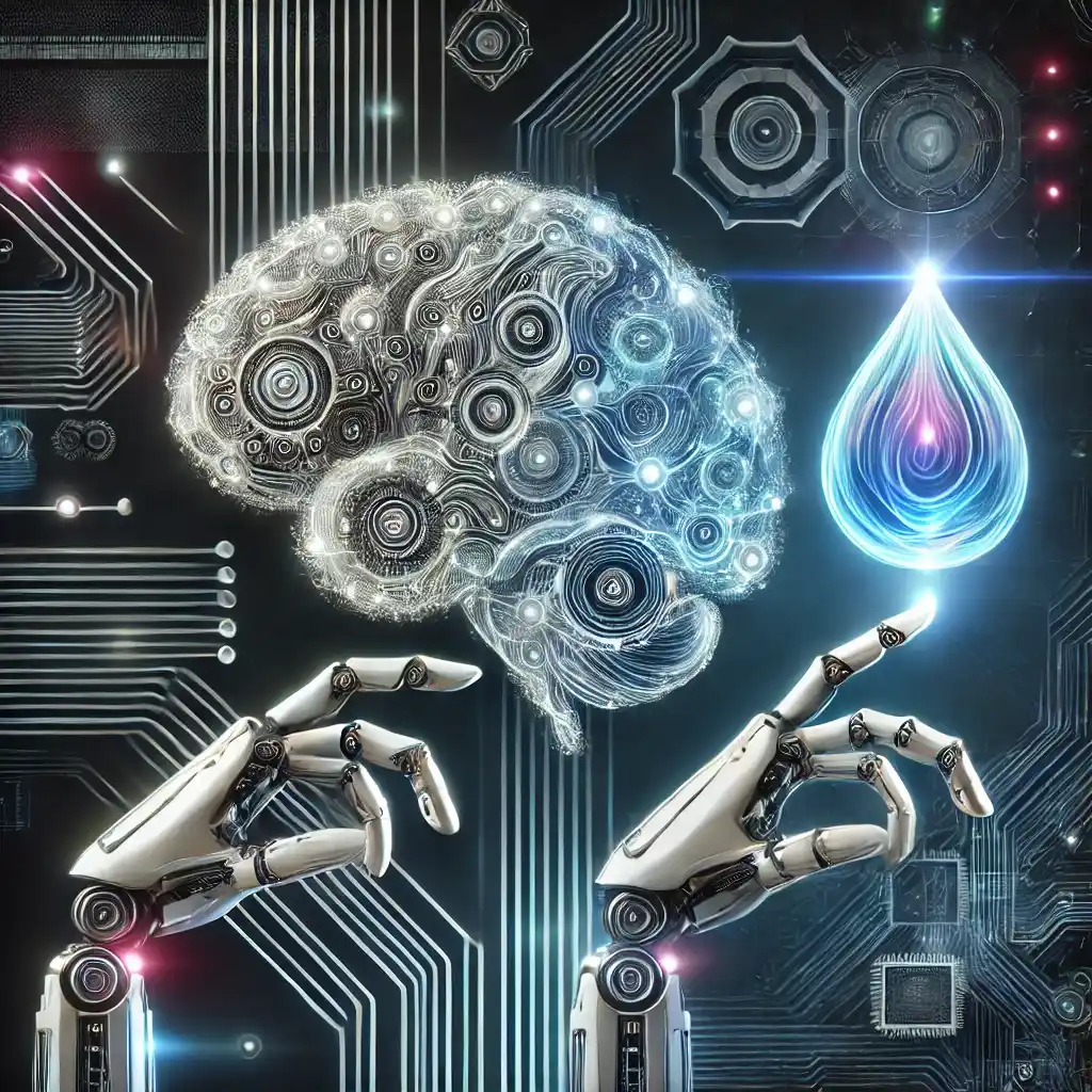 This image shows two robotic hands—one interacting with a brain and the other with a water droplet—symbolizing autonomous intelligence for precise water control.