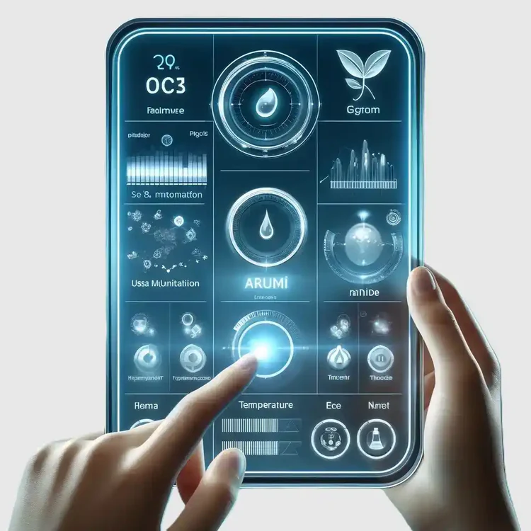 This image shows a human hand holding a tablet displaying an intuitive interface filled with interactive diagrams, graphs, and widgets, representing a user-friendly digital experience.