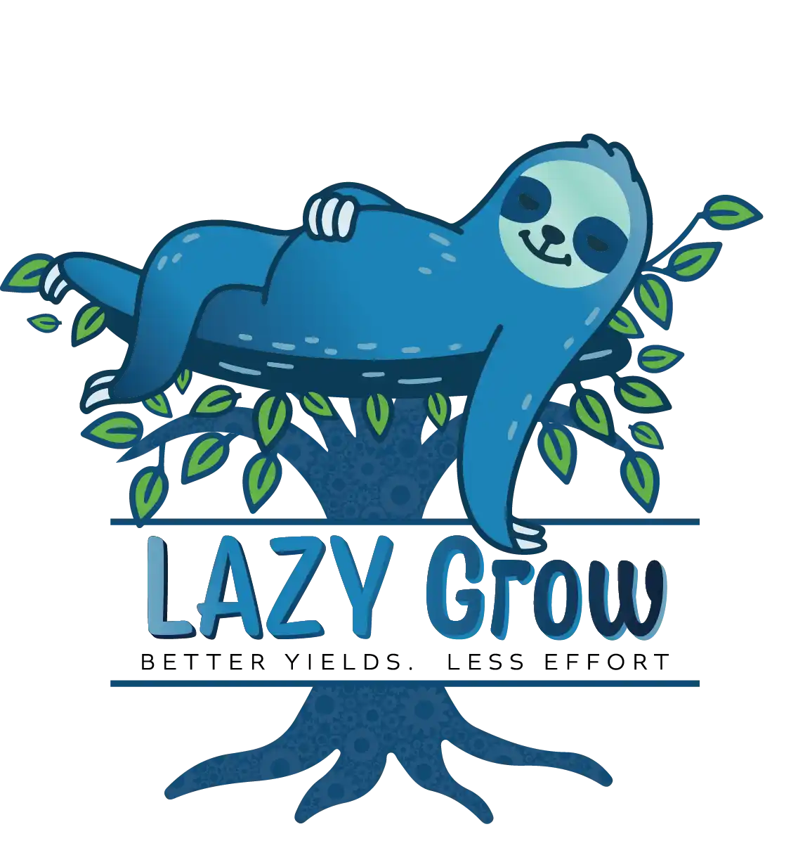 This is the LazyGrow logo picturing a blue sloth resting peacefully in a tree, enjoying free time. Below the sloth is the in large letters is the word "LAZY Grow" and in smaller letters is "Better Yields + Less Effort."