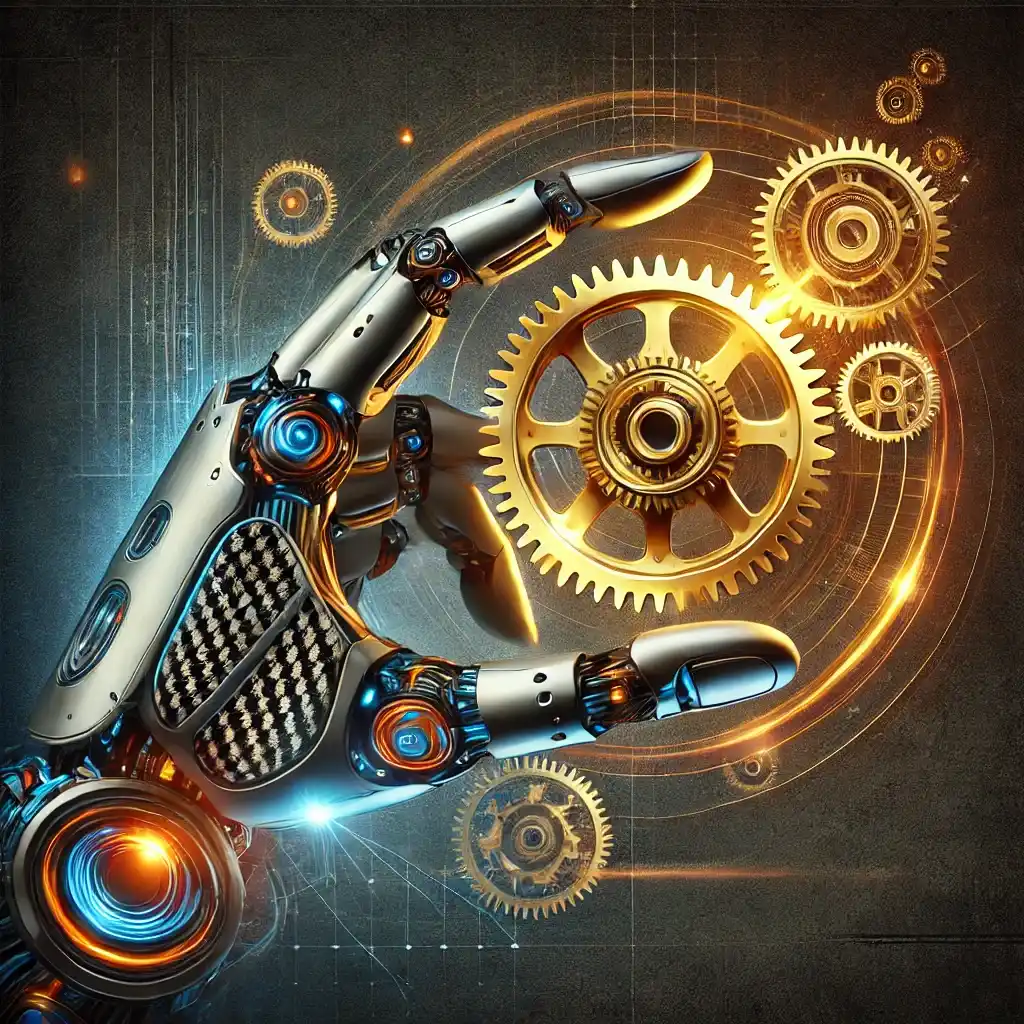 This image shows a robotic hand precisely fine-tuning a large gear among an interconnected system of gears, symbolizing engineering precision and mechanical resilience.