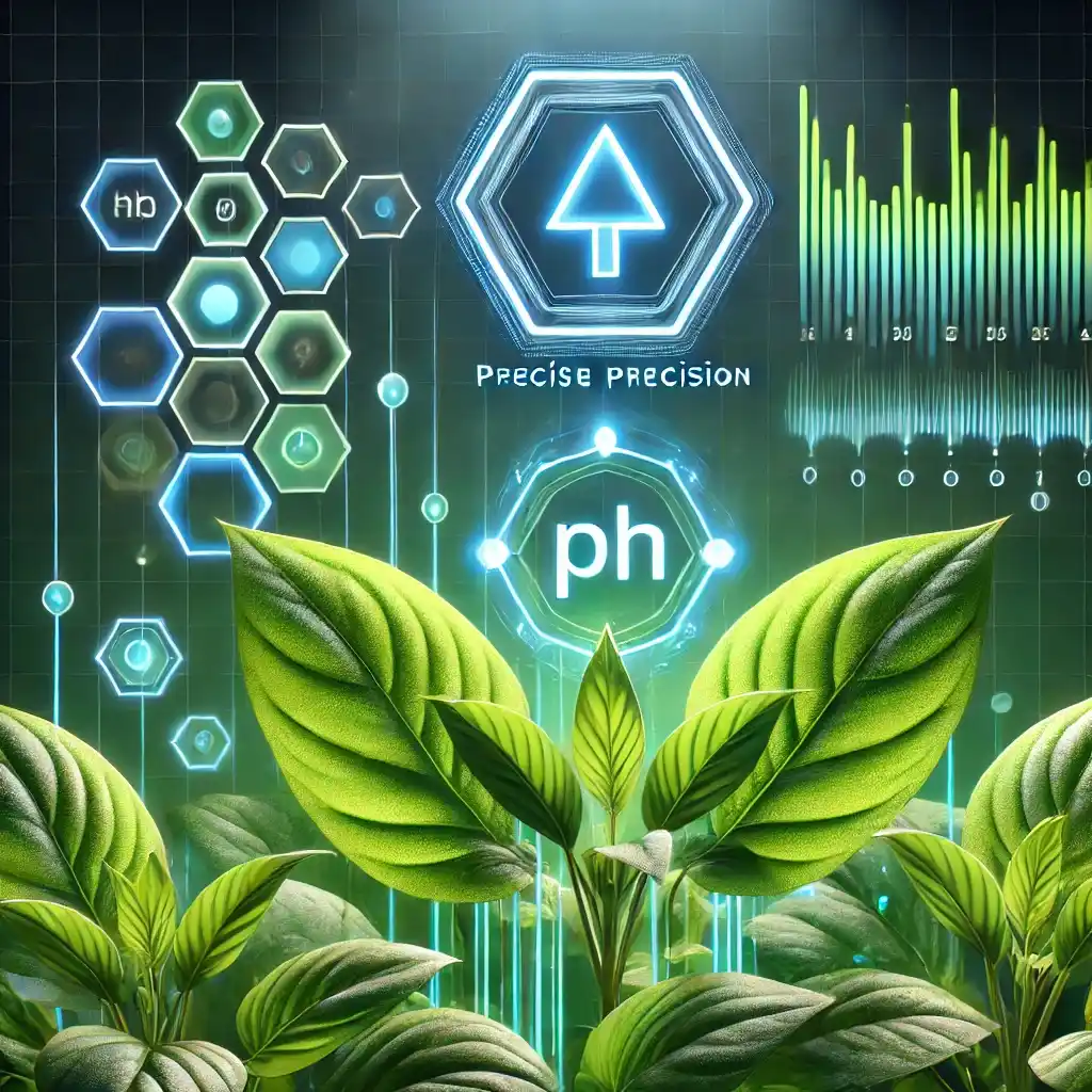 This image shows a vibrant, healthy plant with an upward arrow and a balanced pH indicator, illustrating optimal pH control for plant growth and vitality.