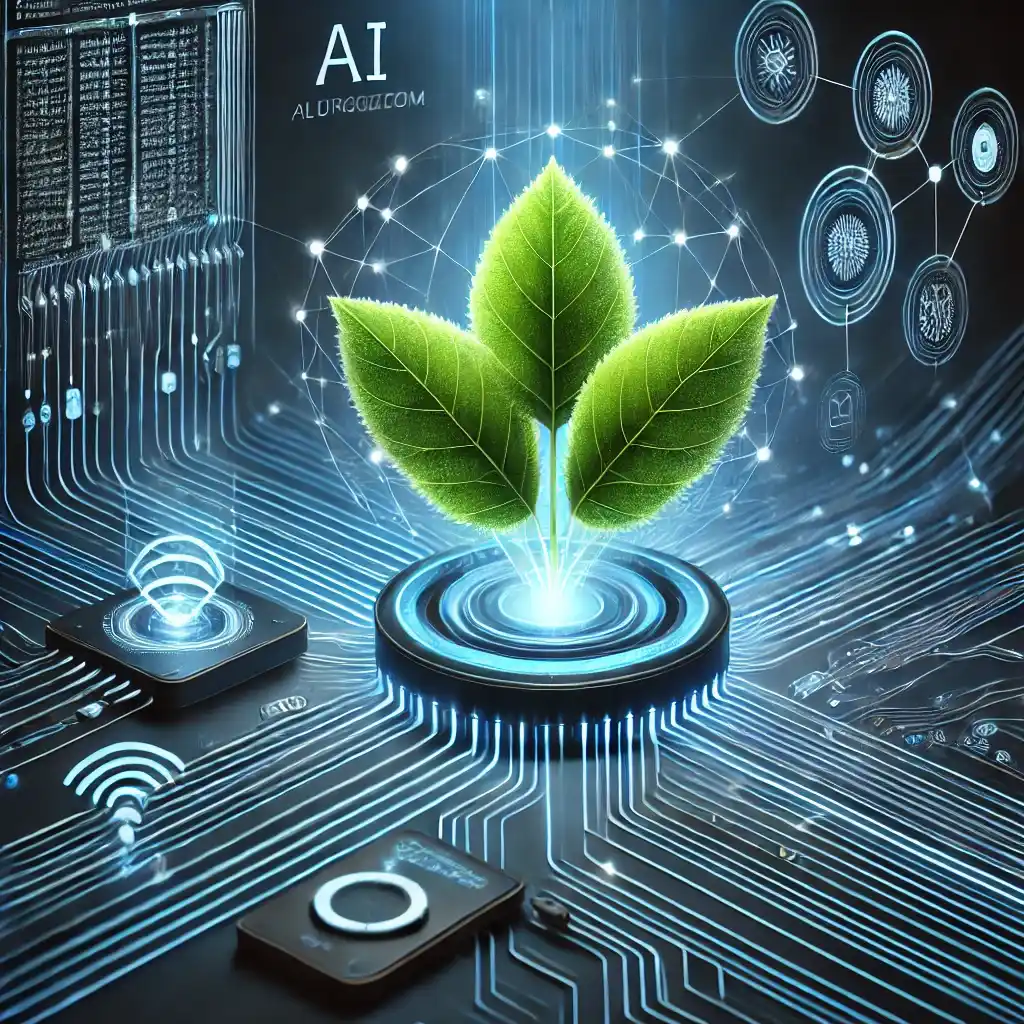 This image shows a computer chip with intricate pathways branching in multiple directions, integrating a growing plant at its center, symbolizing intelligent algorithms optimizing plant growth.