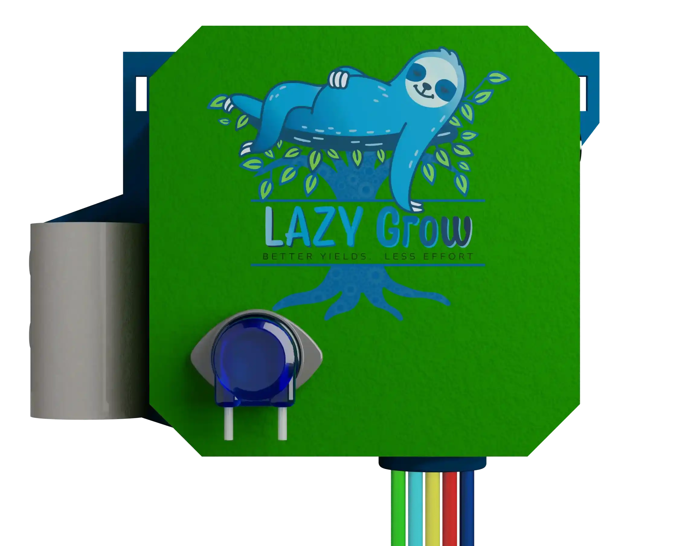 This is the LazyGrow logo picturing a blue sloth resting peacefully in a tree, enjoying free time. Below the sloth is the in large letters is the word "LAZY Grow" and in smaller letters is "Better Yields + Less Effort."